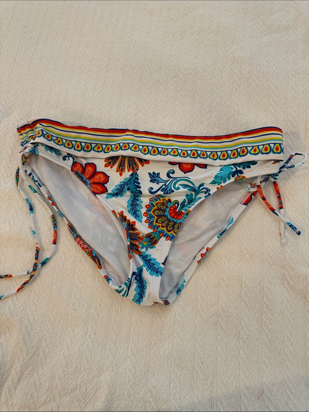 Tommy Bahama White Bikini Bottom with Teal, Orange & Yellow Floral Print